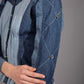 Close-up of Glacier Cut Denim Top showing glacier-inspired denim construction