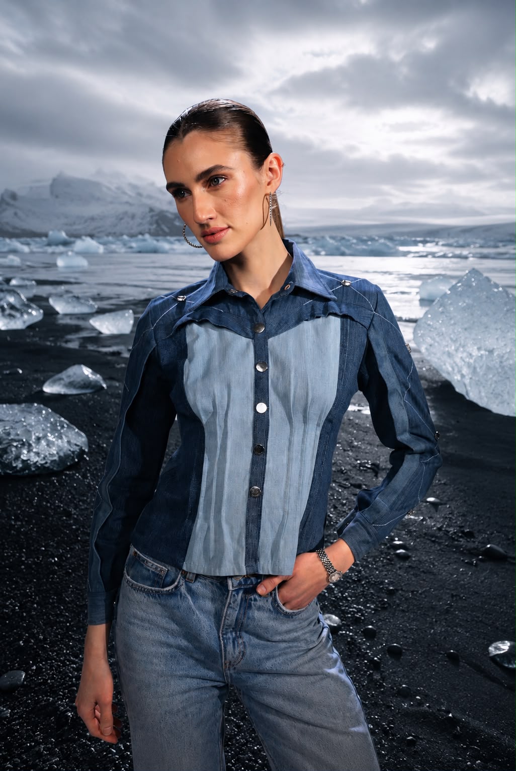 Glacier Cut Denim Top styled in repurposed denim
