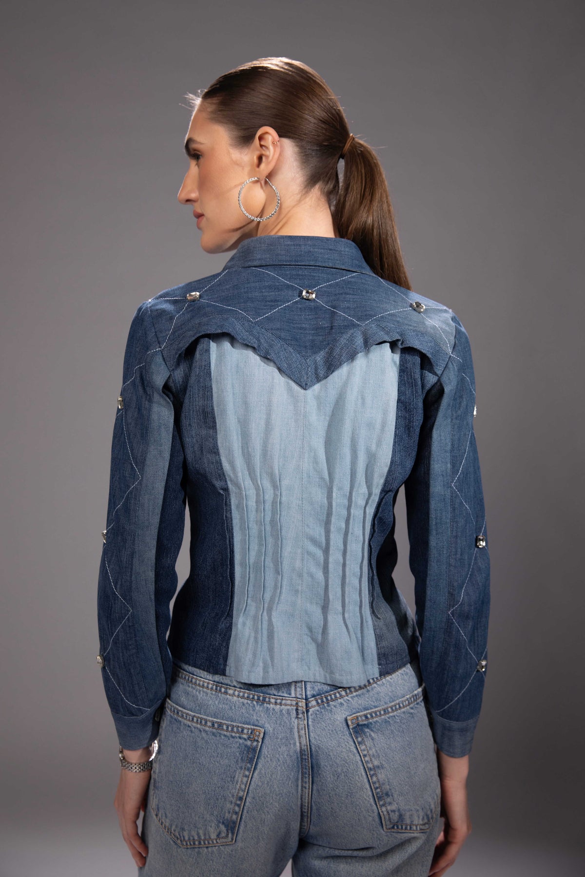 Back view of Glacier Cut Denim Top in repurposed denim