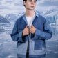 Glacier Ridge Denim Jacket styled in repurposed denim with geometric mountain detailing
