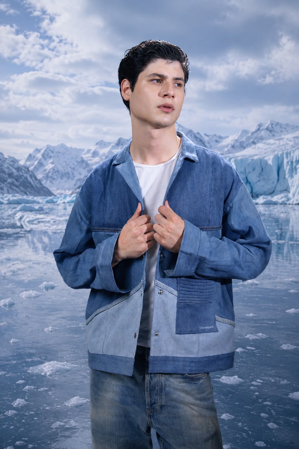 Glacier Ridge Denim Jacket styled in repurposed denim with geometric mountain detailing