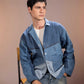 Glacier Ridge Denim Jacket featuring geometric mountain-inspired denim patchwork