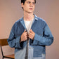 Glacier Ridge Denim Jacket in repurposed denim with geometric mountain patchwork