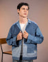 Glacier Ridge Denim Jacket in repurposed denim with geometric mountain patchwork