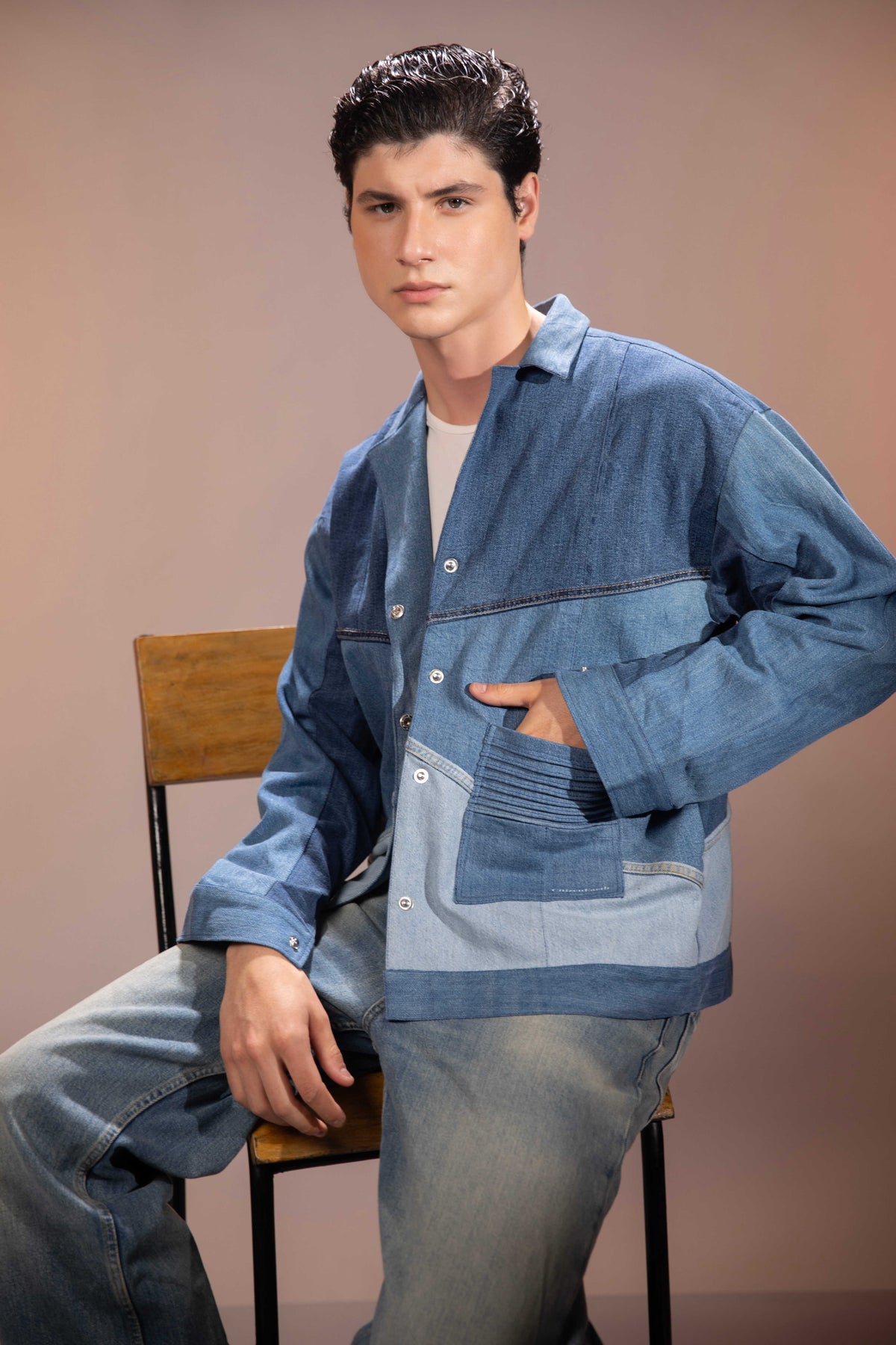 Side view of Glacier Ridge Denim Jacket showing its oversized denim silhouette