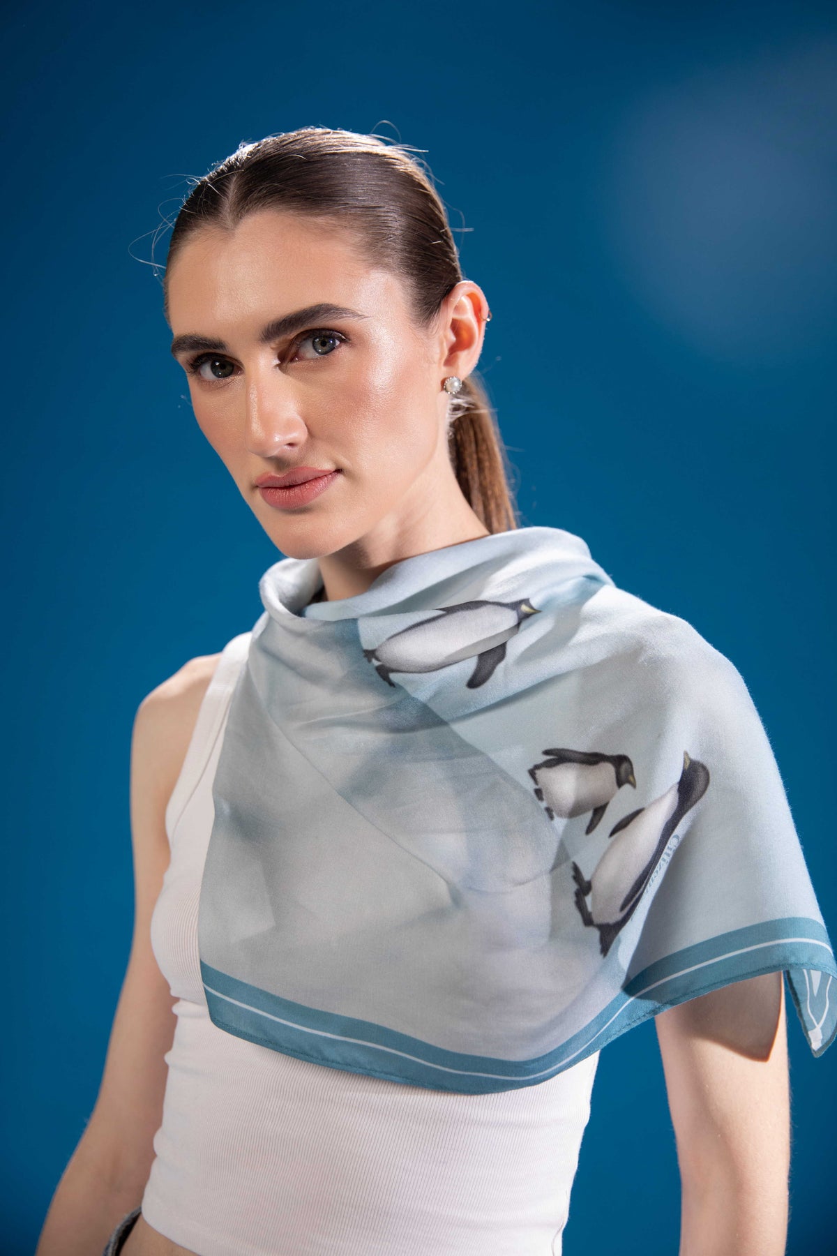 Happy Feet Club Scarf in bamboo satin with Antarctic penguin artwork