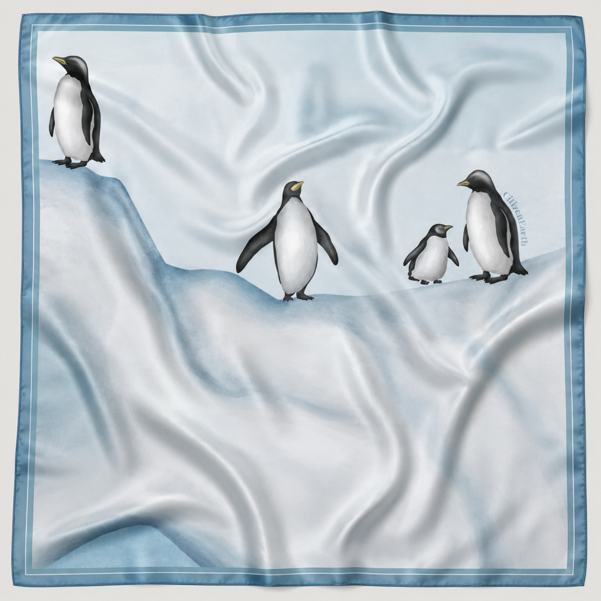 Happy Feet Club bamboo satin scarf with icy blue Antarctic artwork