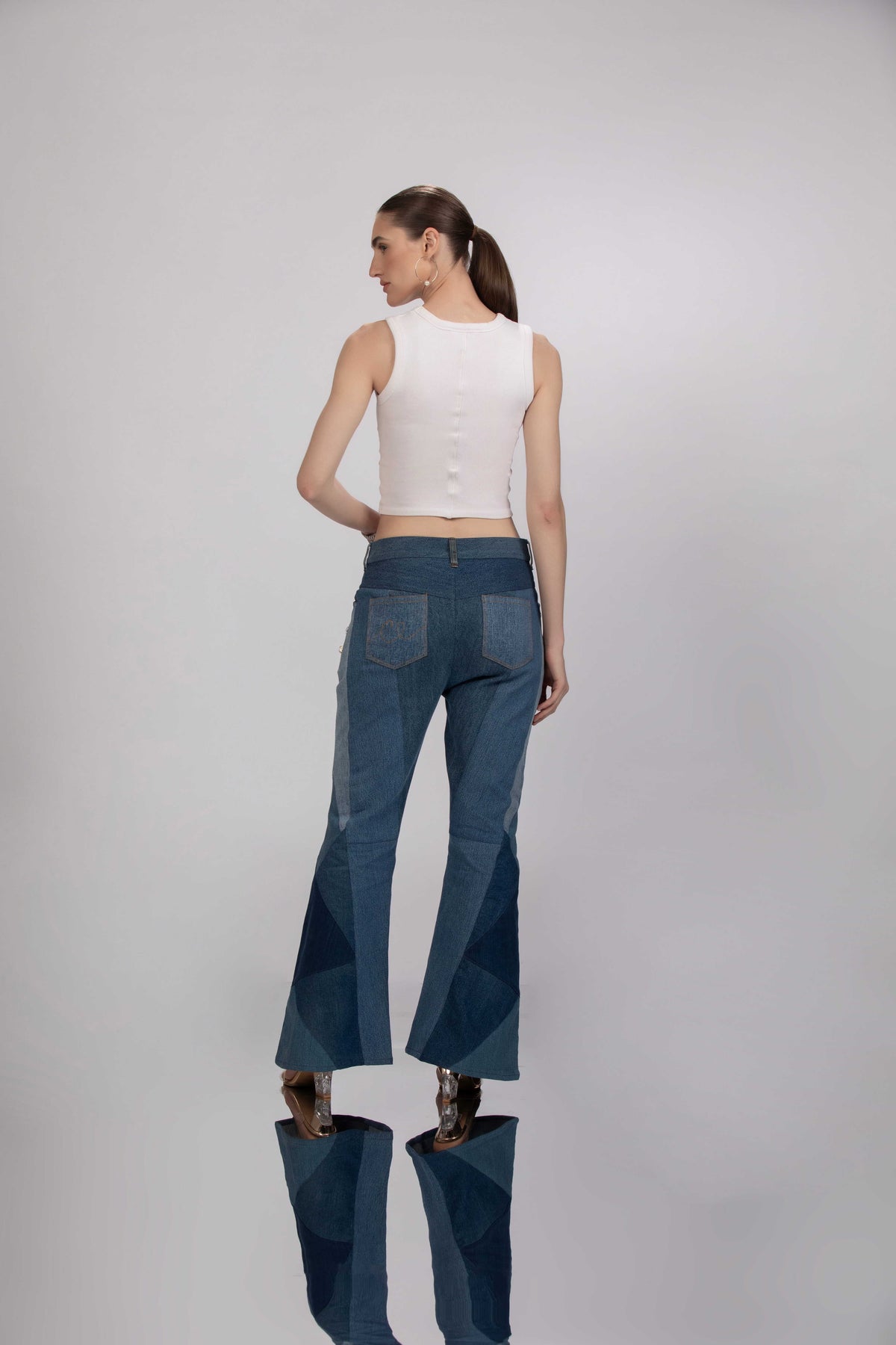 Back view of Hues of Blues Jeans in repurposed denim