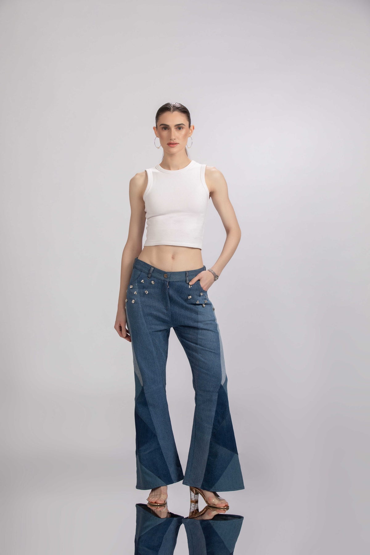 Hues of Blues Jeans showing a flared bell-bottom silhouette