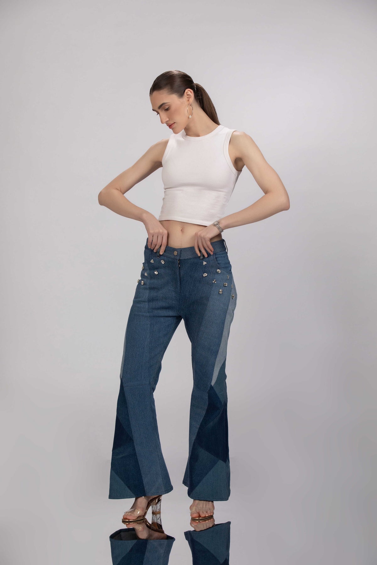 Close-up of Hues of Blues Jeans showing layered blue denim tones