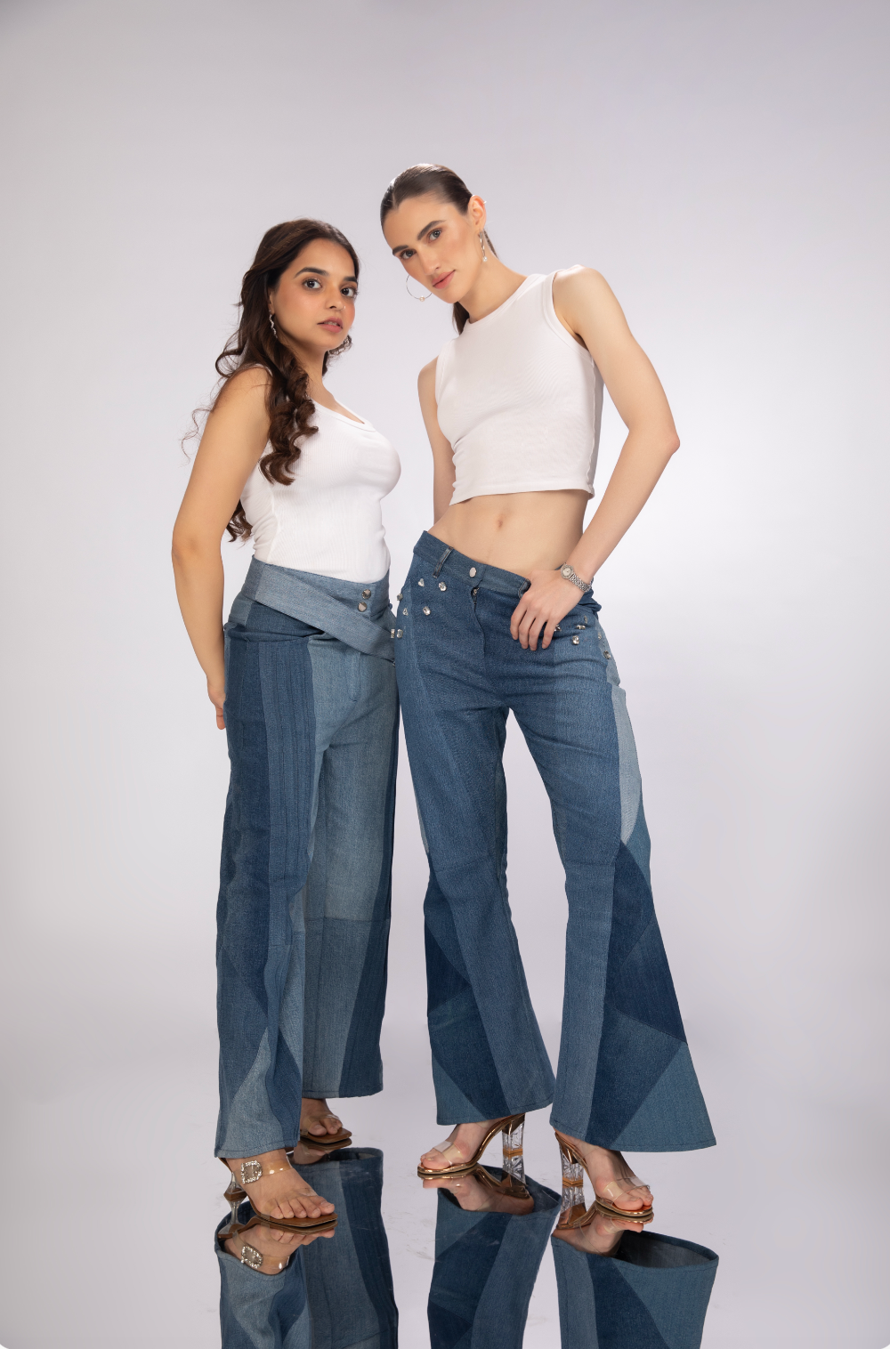 Hues of Blues Jeans styled in layered blue repurposed denim