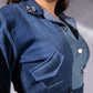 Ice Curve Denim Jacket showing its curved front placket