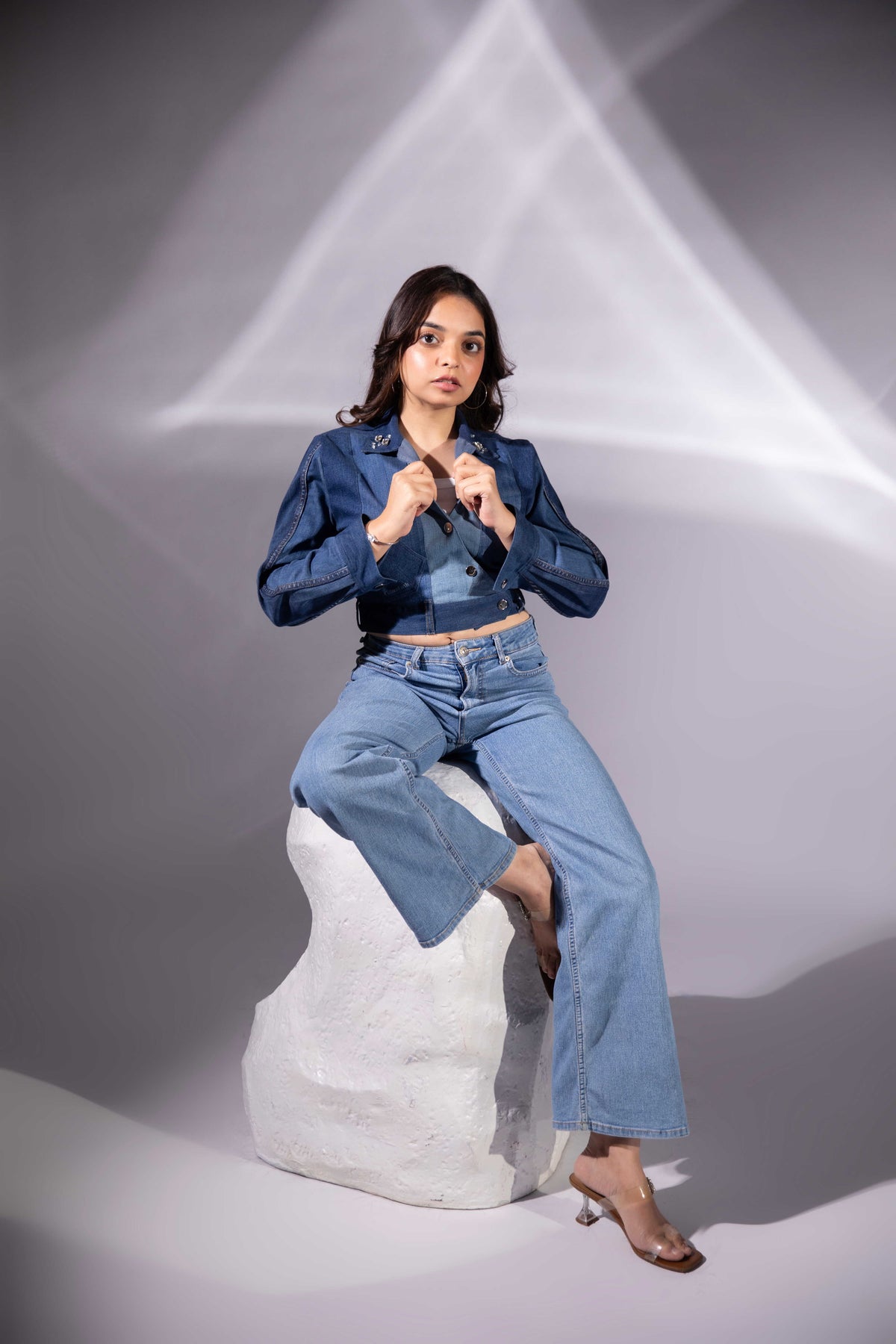 Ice Curve Denim Jacket with cropped silhouette and curved placket