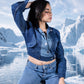Close-up of Ice Curve Denim Jacket showing icy glass-bead detailing