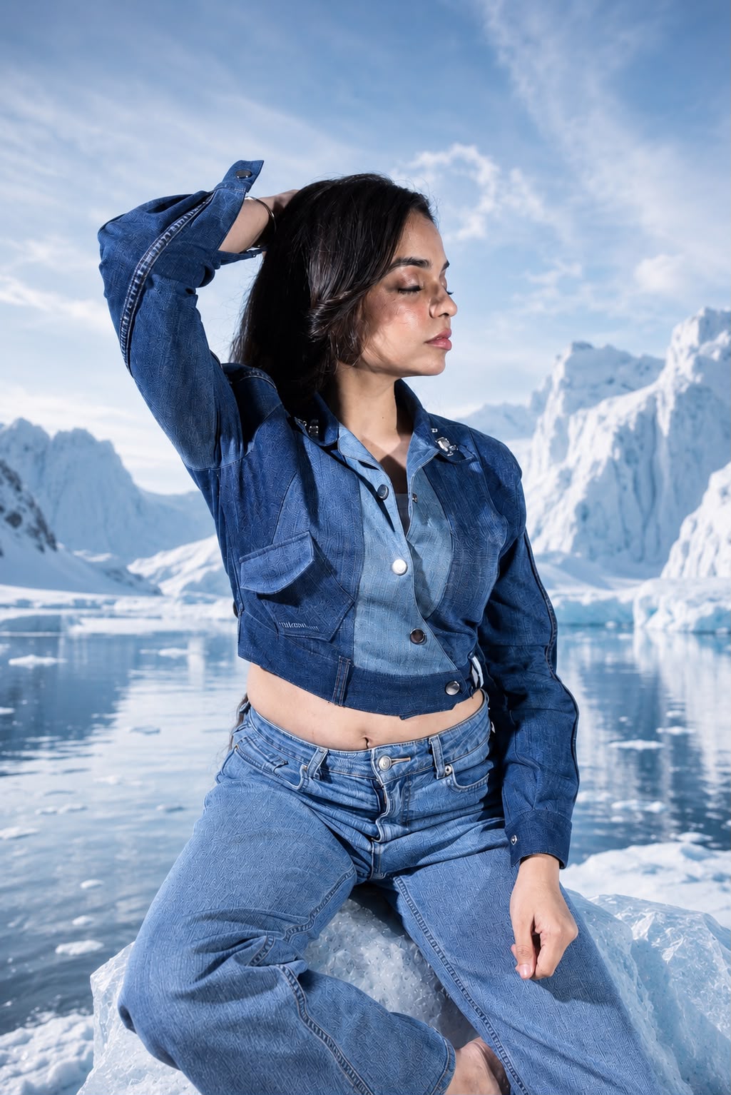 Close-up of Ice Curve Denim Jacket showing icy glass-bead detailing