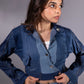 Ice Curve Denim Jacket in repurposed denim with cropped silhouette