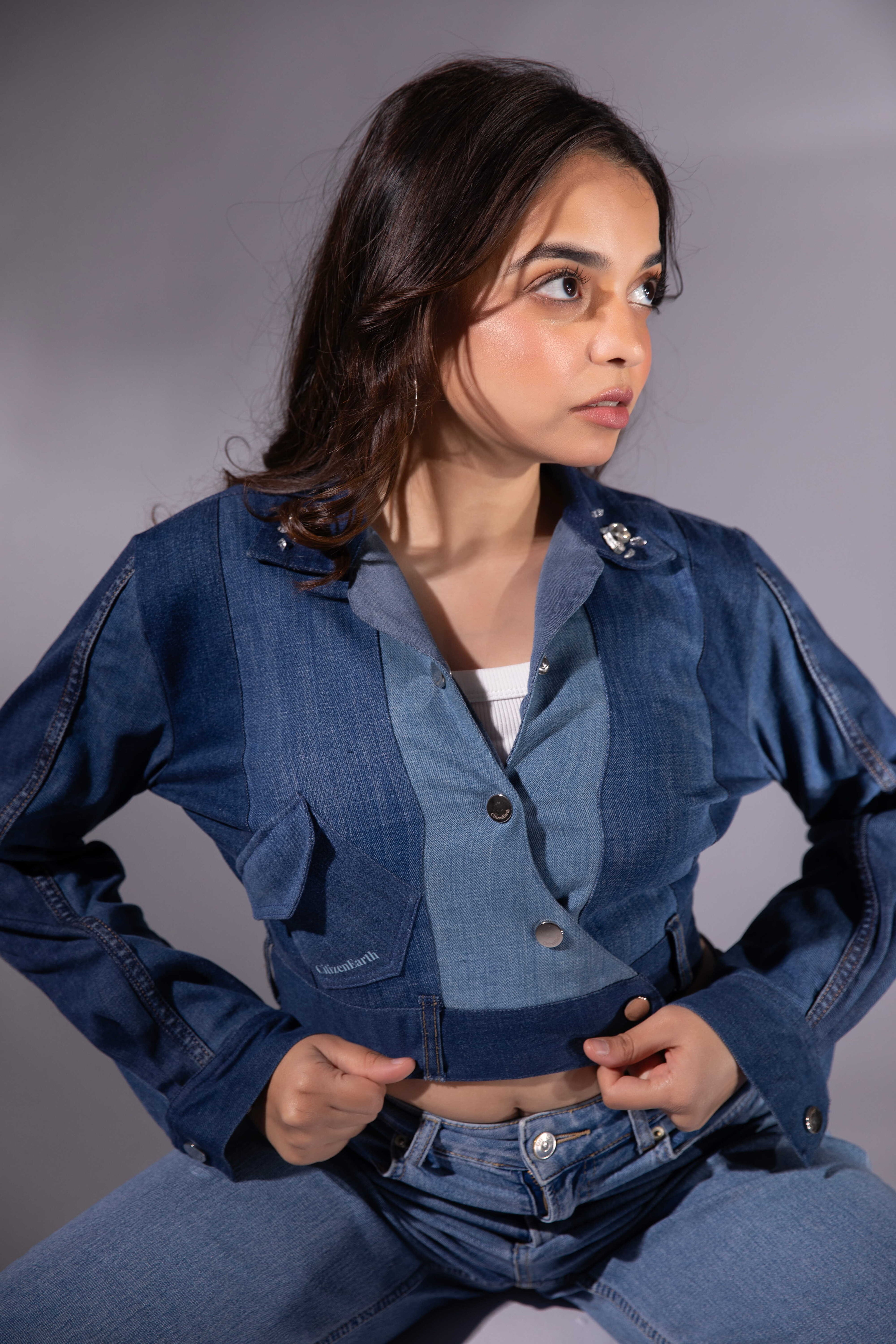 Ice Curve Denim Jacket in repurposed denim with cropped silhouette