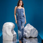 Ice Prism Denim Jumpsuit with all-over geometric denim patchwork