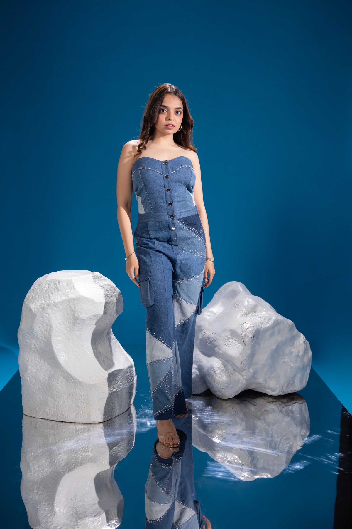Ice Prism Denim Jumpsuit with all-over geometric denim patchwork