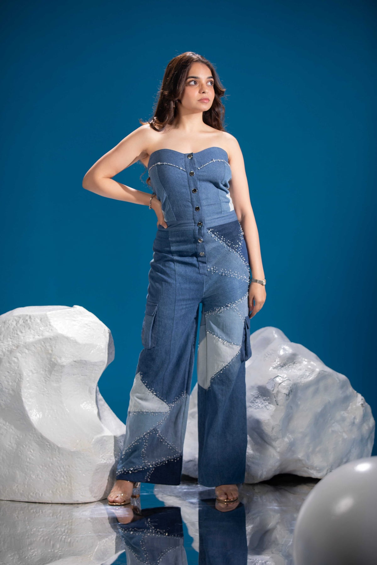 Ice Prism Denim Jumpsuit in repurposed denim with triangular patchwork