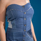 Close-up of Ice Prism Denim Jumpsuit showing tube neck, triangular patchwork and glass beads
