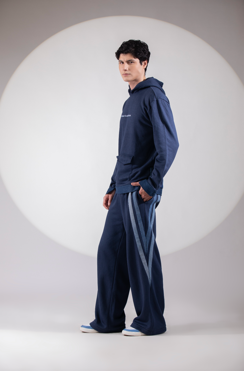 Ice Trail Jogger with reconstructed denim strip detailing on deep ocean-blue fleece