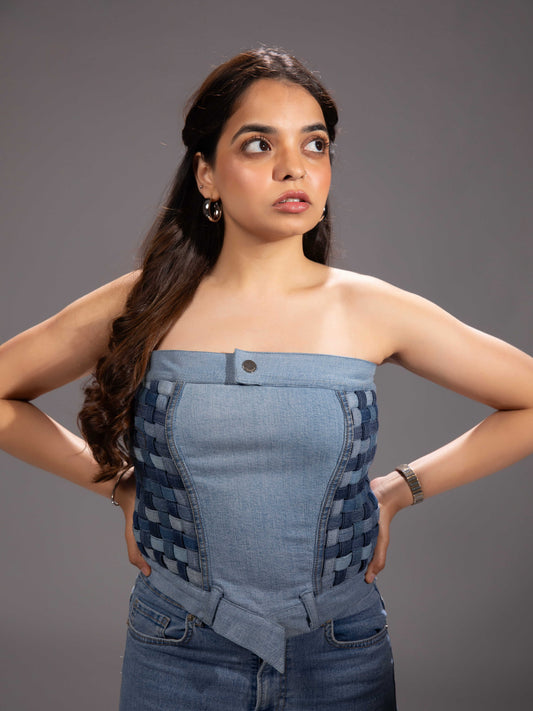 Ice Weave Denim Corset Top showing sculptural reconstructed denim panels