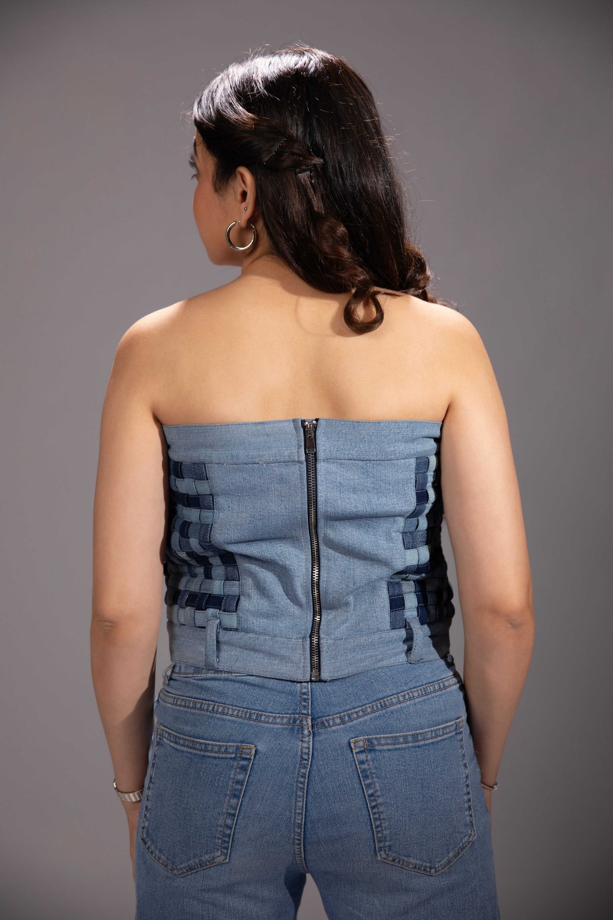 Back view of Ice Weave Denim Corset Top in repurposed denim