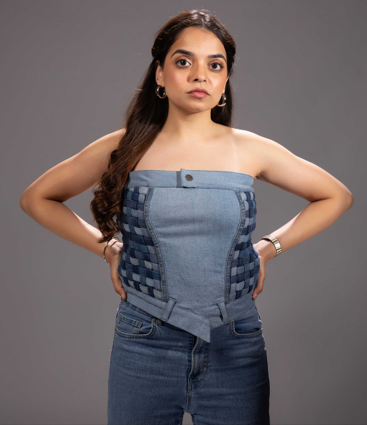 Ice Weave Denim Corset Top in repurposed denim