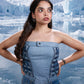 Ice Weave Denim Corset Top styled in reconstructed denim