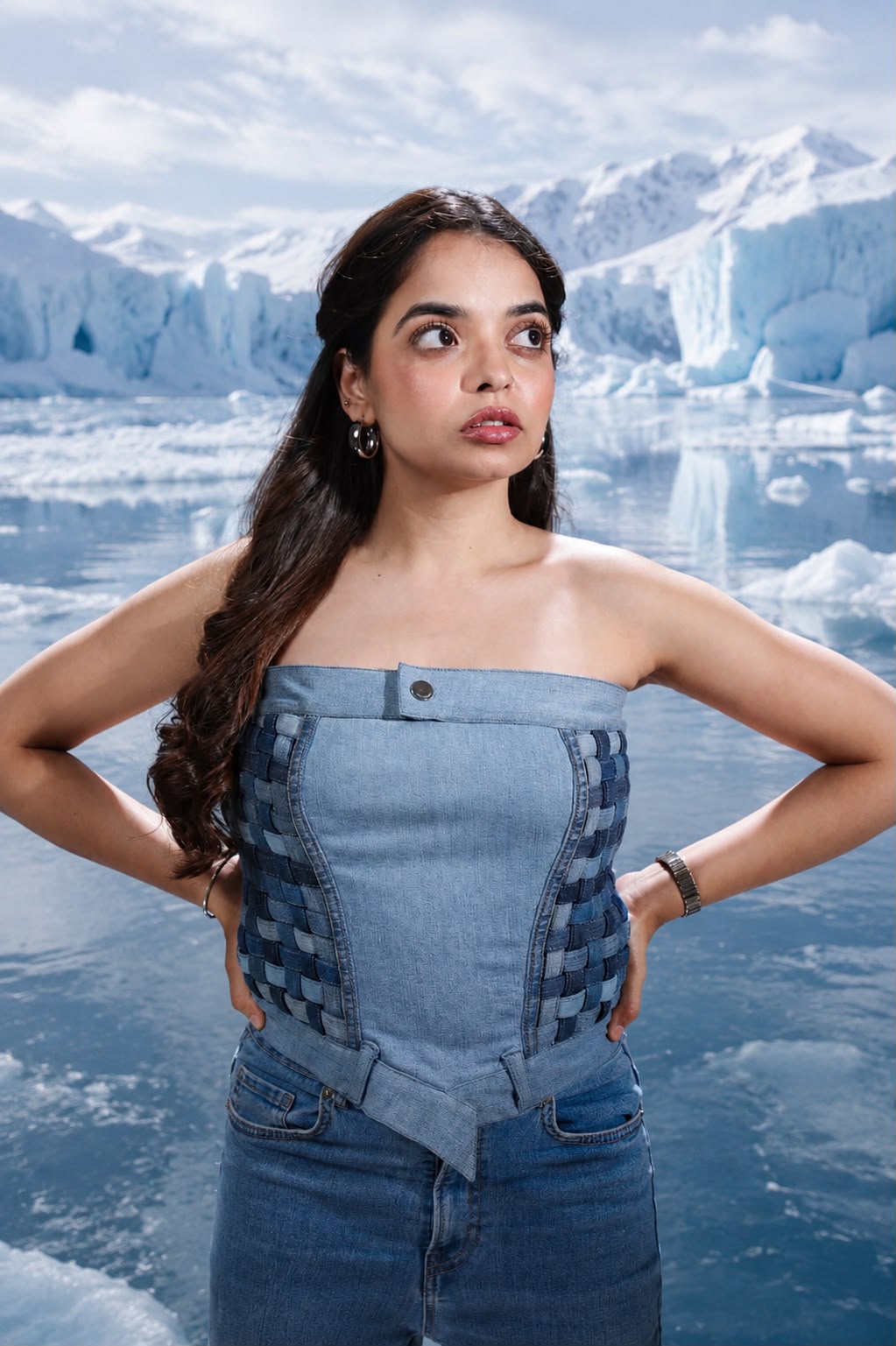 Ice Weave Denim Corset Top styled in reconstructed denim