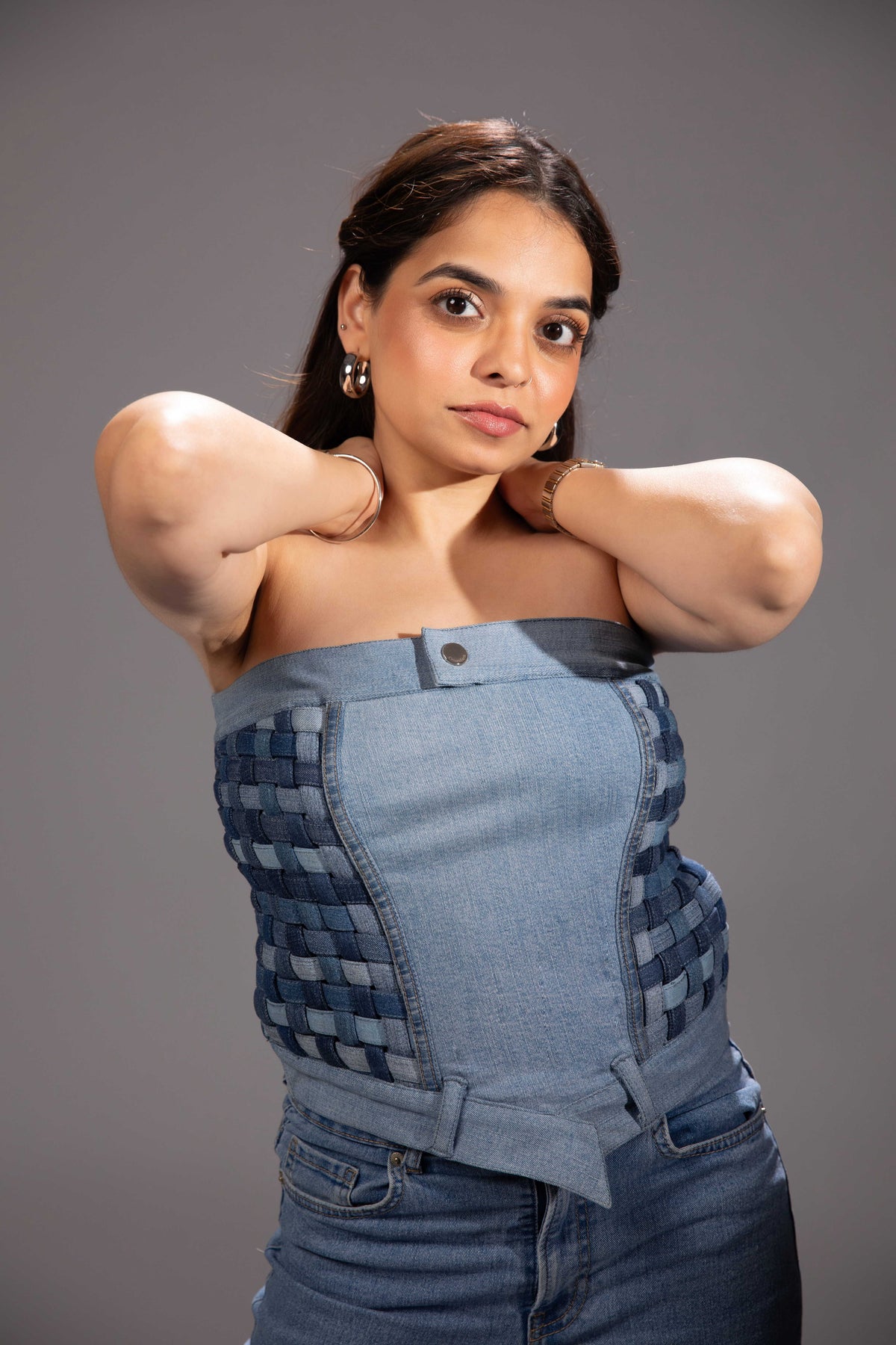 Ice Weave Denim Corset Top showing layered denim panel construction