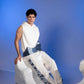 Layered Sleeveless Hoodie in reconstructed denim with blue glacier-inspired patchwork