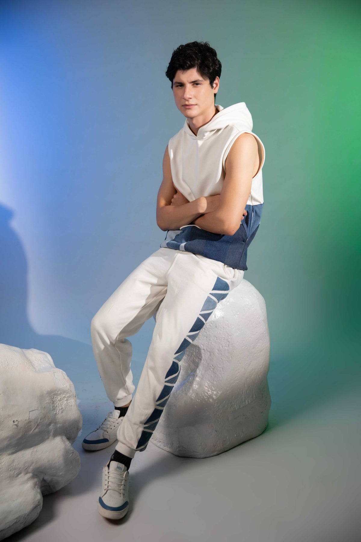 Layered Sleeveless Hoodie with reconstructed denim inspired by glaciers and mountains