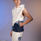 Side view of Layered Sleeveless Hoodie in reconstructed denim