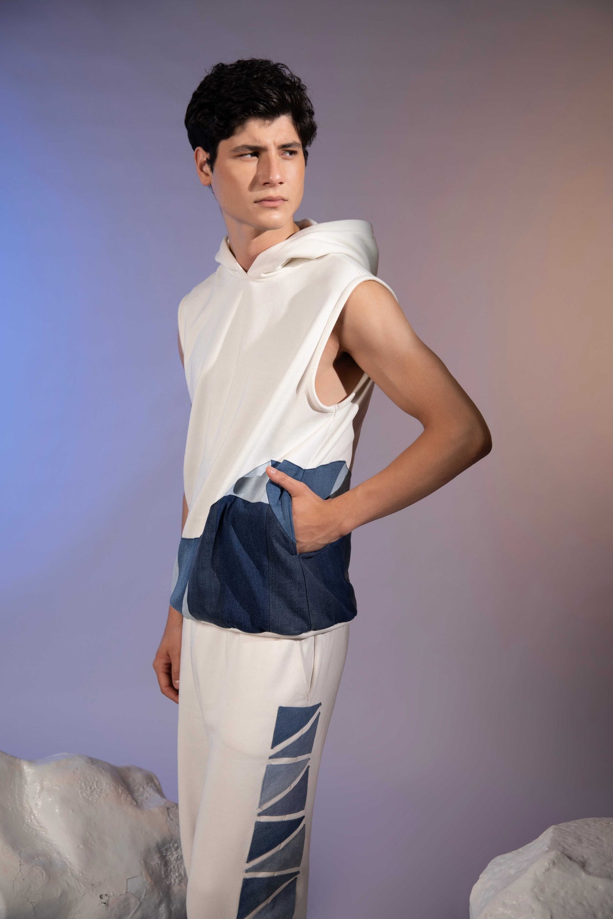 Side view of Layered Sleeveless Hoodie in reconstructed denim