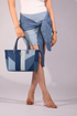 Meridian Mini Tote Bag in repurposed denim with geometric blue panelling