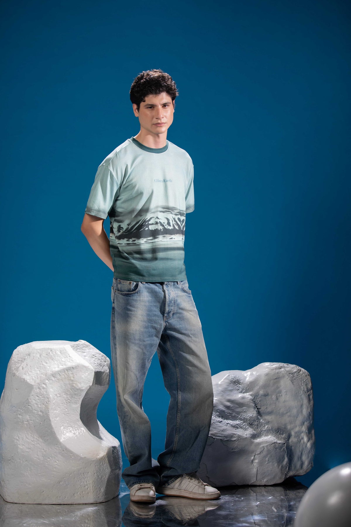 Mountain Reflection Tee featuring snow-covered glacial peaks and icy waters