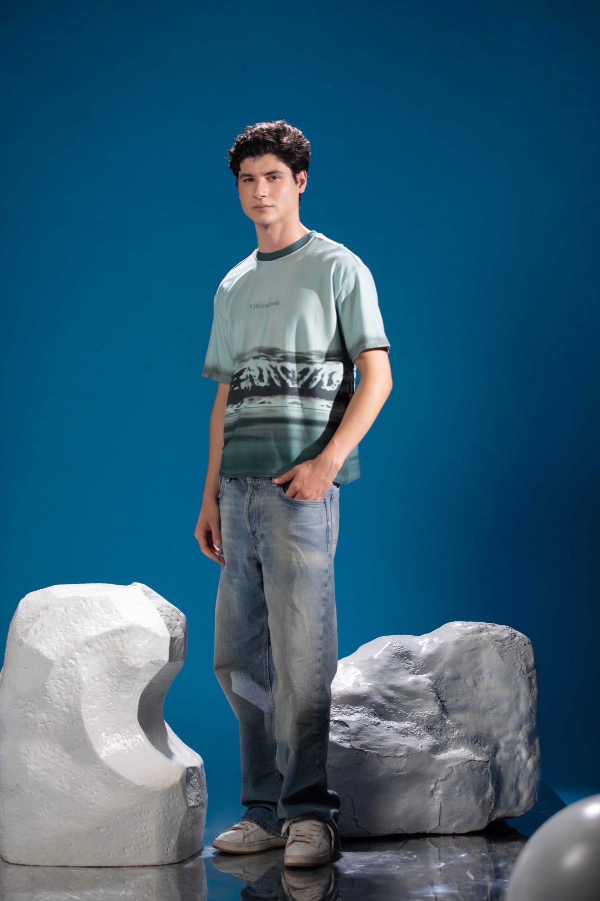 Mountain Reflection Tee with icy white and shadowed blue polar artwork