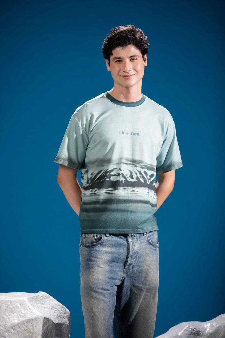 Mountain Reflection Tee with snow-covered mountain and Arctic water artwork