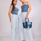 Pack Ice Handbag featuring braided rolled handles and polar-inspired denim panels
