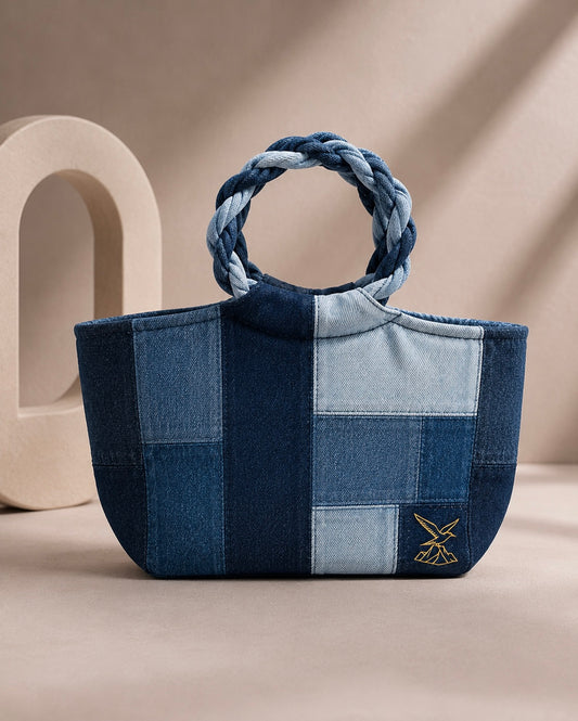 Pack Ice Handbag showing contrasting ice-blue, indigo and white denim panels