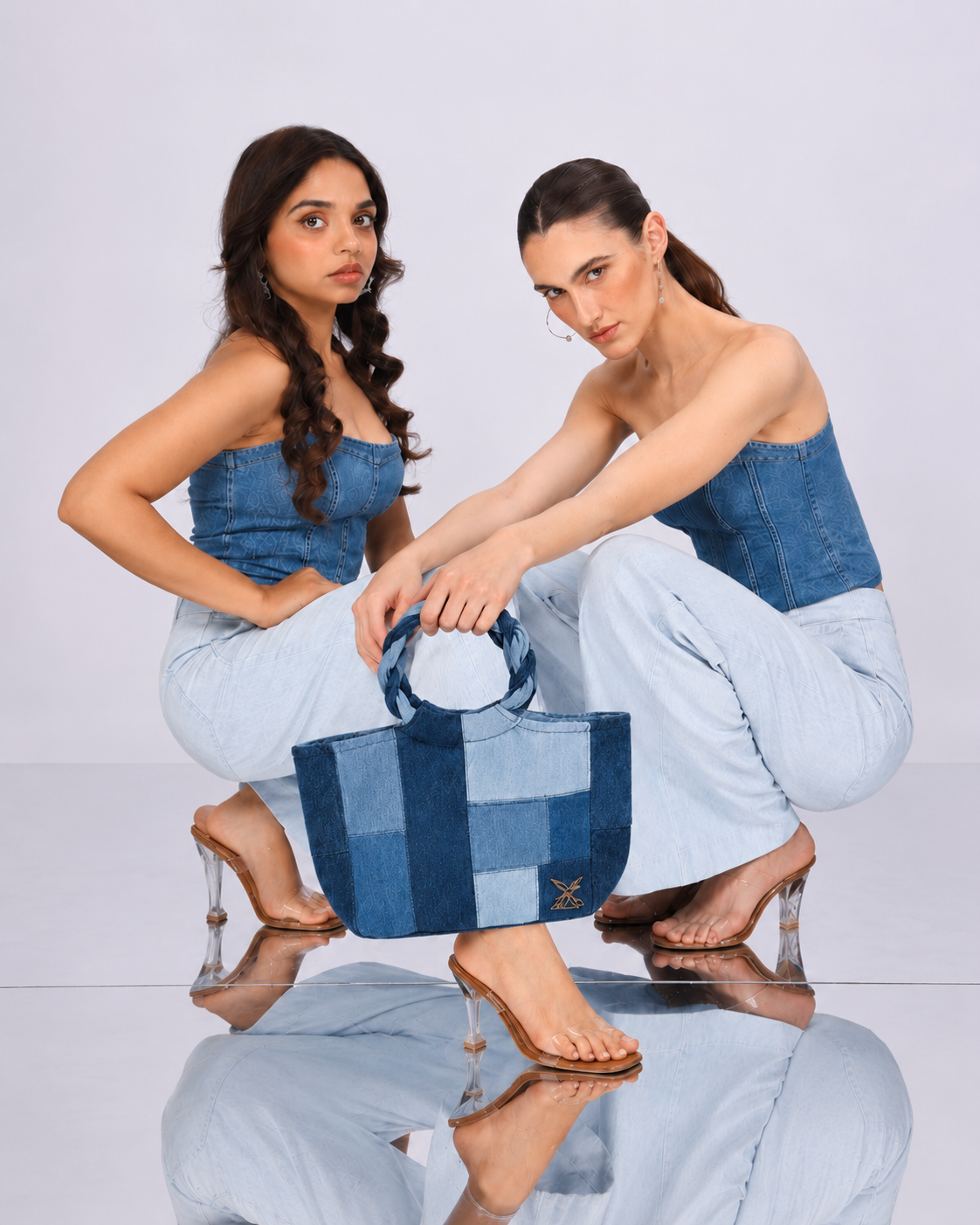 Pack Ice Handbag in repurposed denim with ice-blue patchwork panels