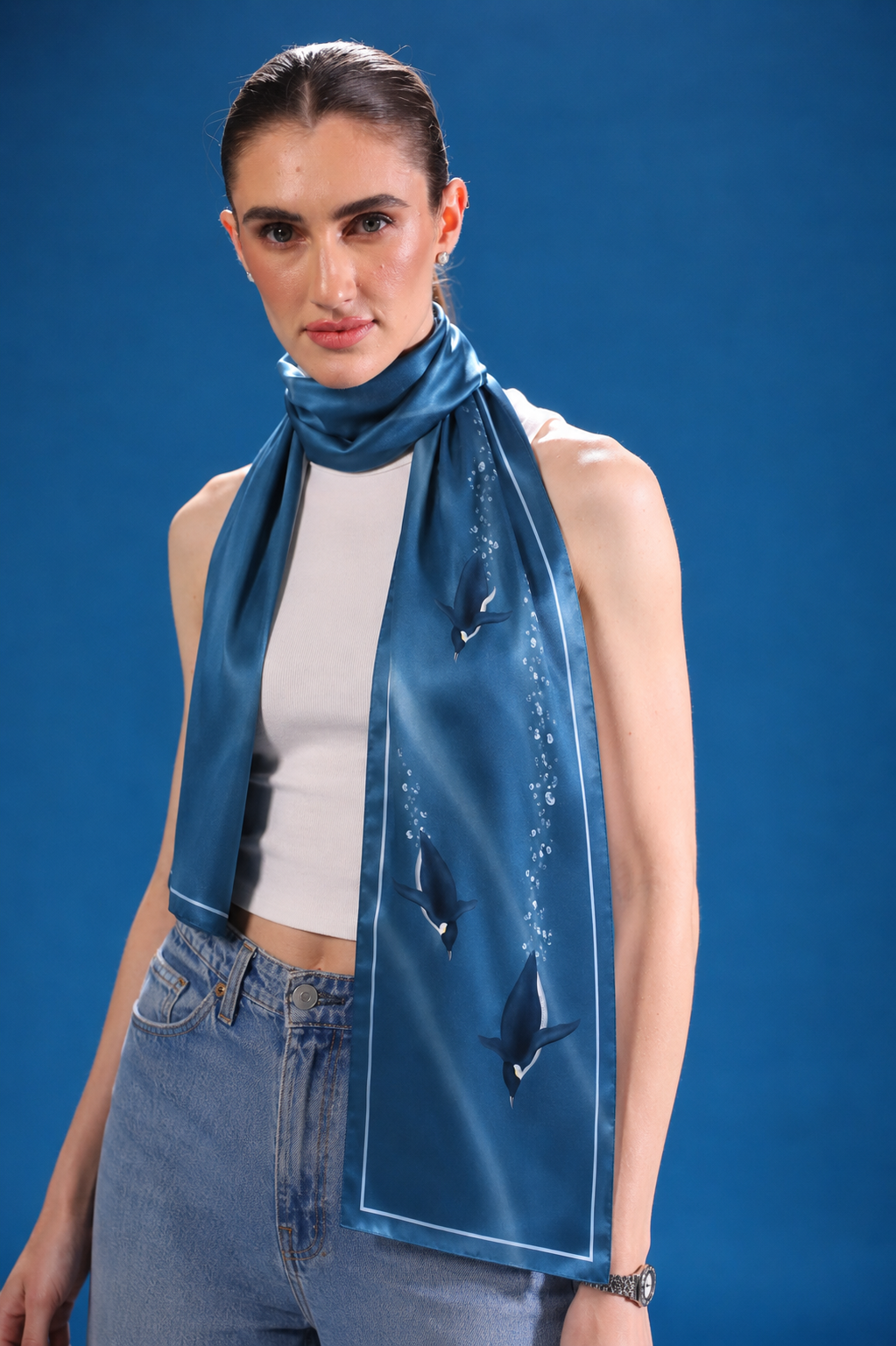 Penguins Making Waves Scarf in bamboo satin with penguin ocean artwork