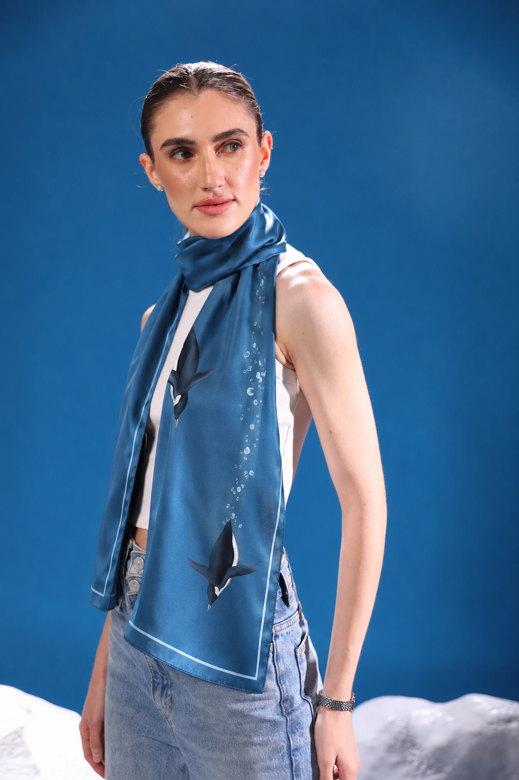 Penguins Making Waves Scarf featuring penguins swimming through ocean waves