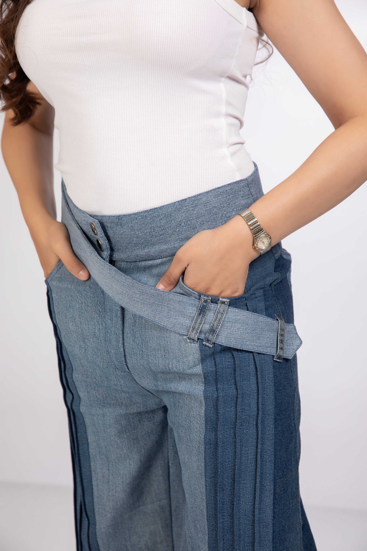Pleated Terrain Jeans showing detailed repurposed denim texture