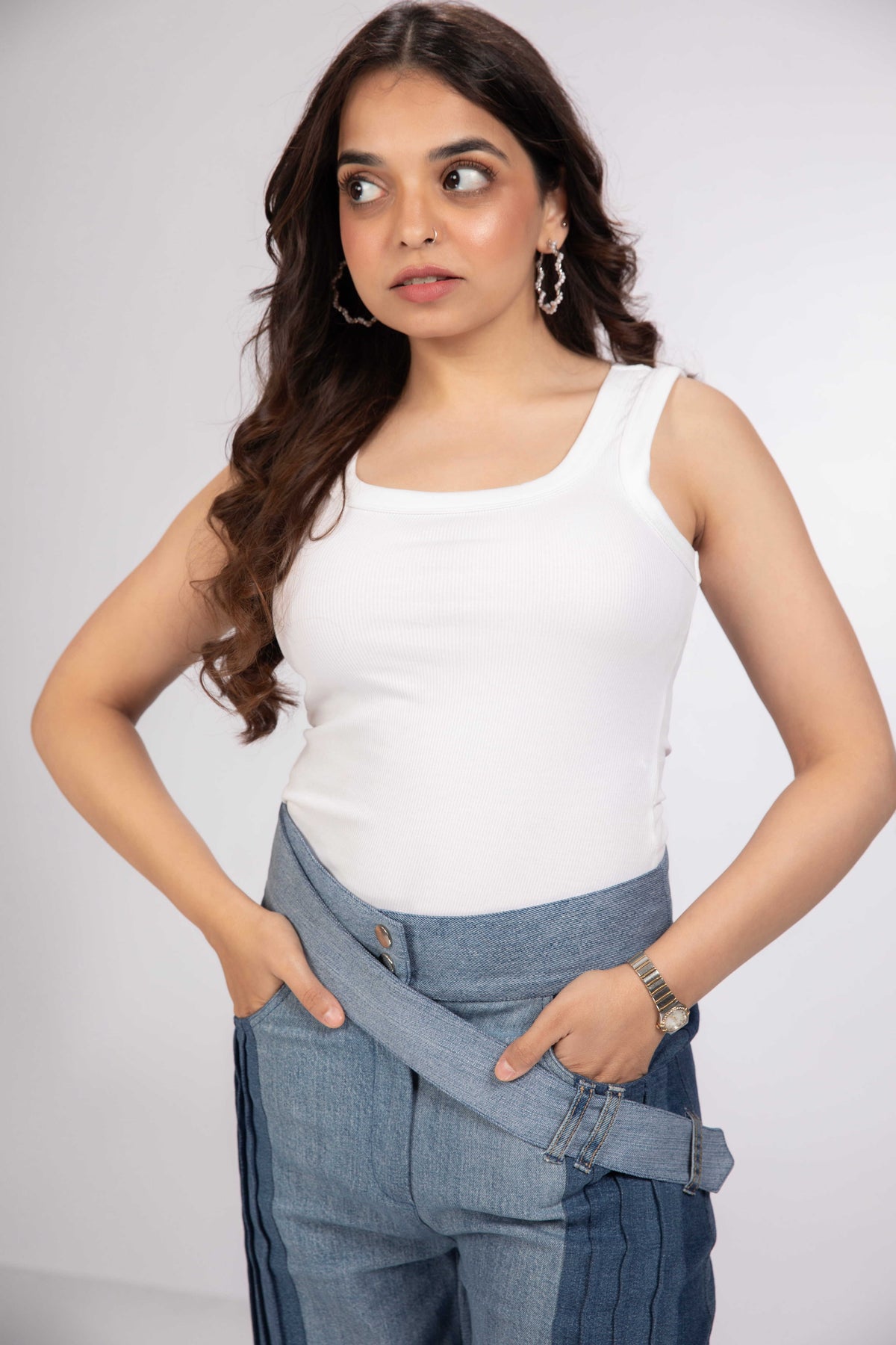 Pleated Terrain Jeans styled in repurposed denim