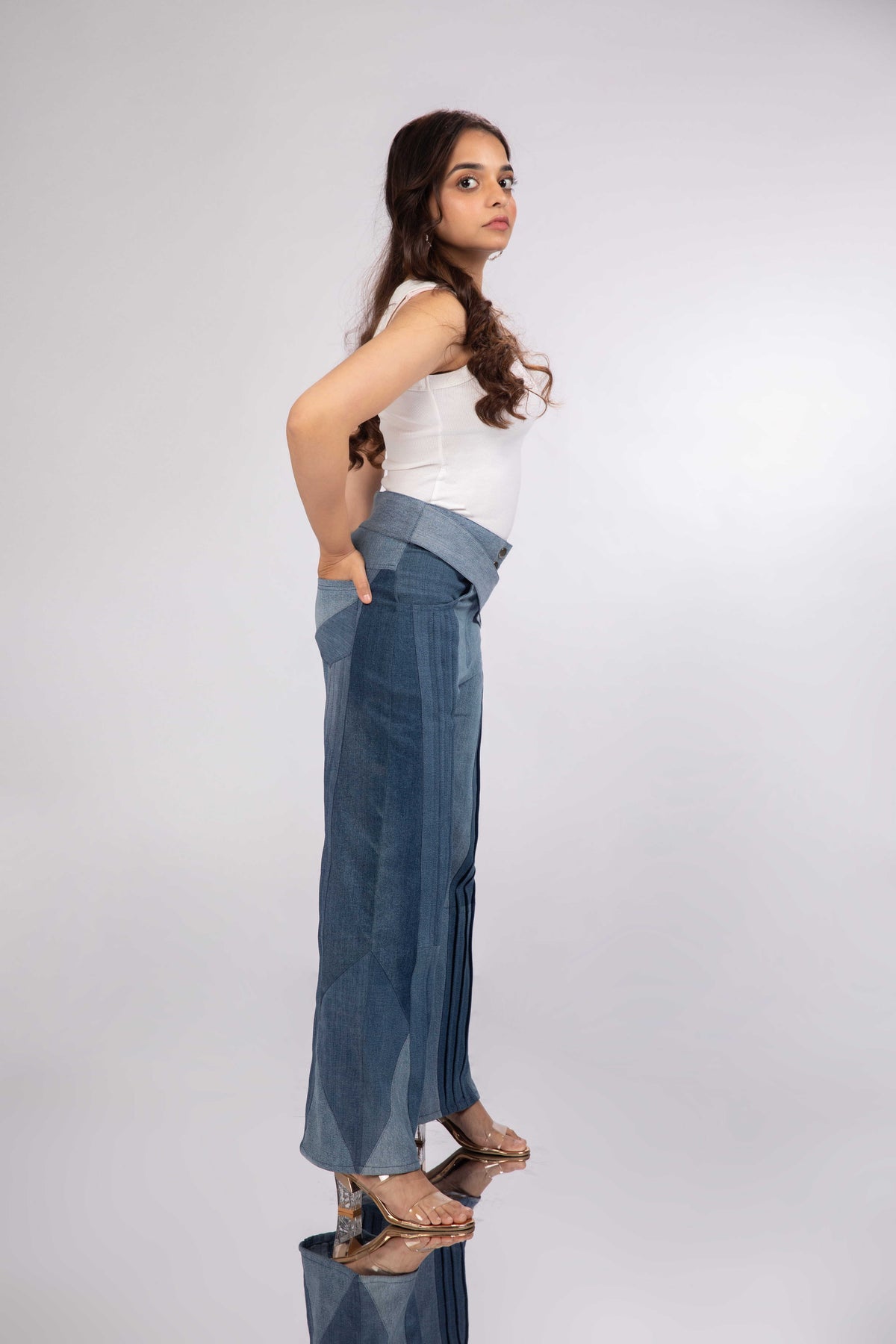 Side view of Pleated Terrain Jeans showing the straight-fit silhouette