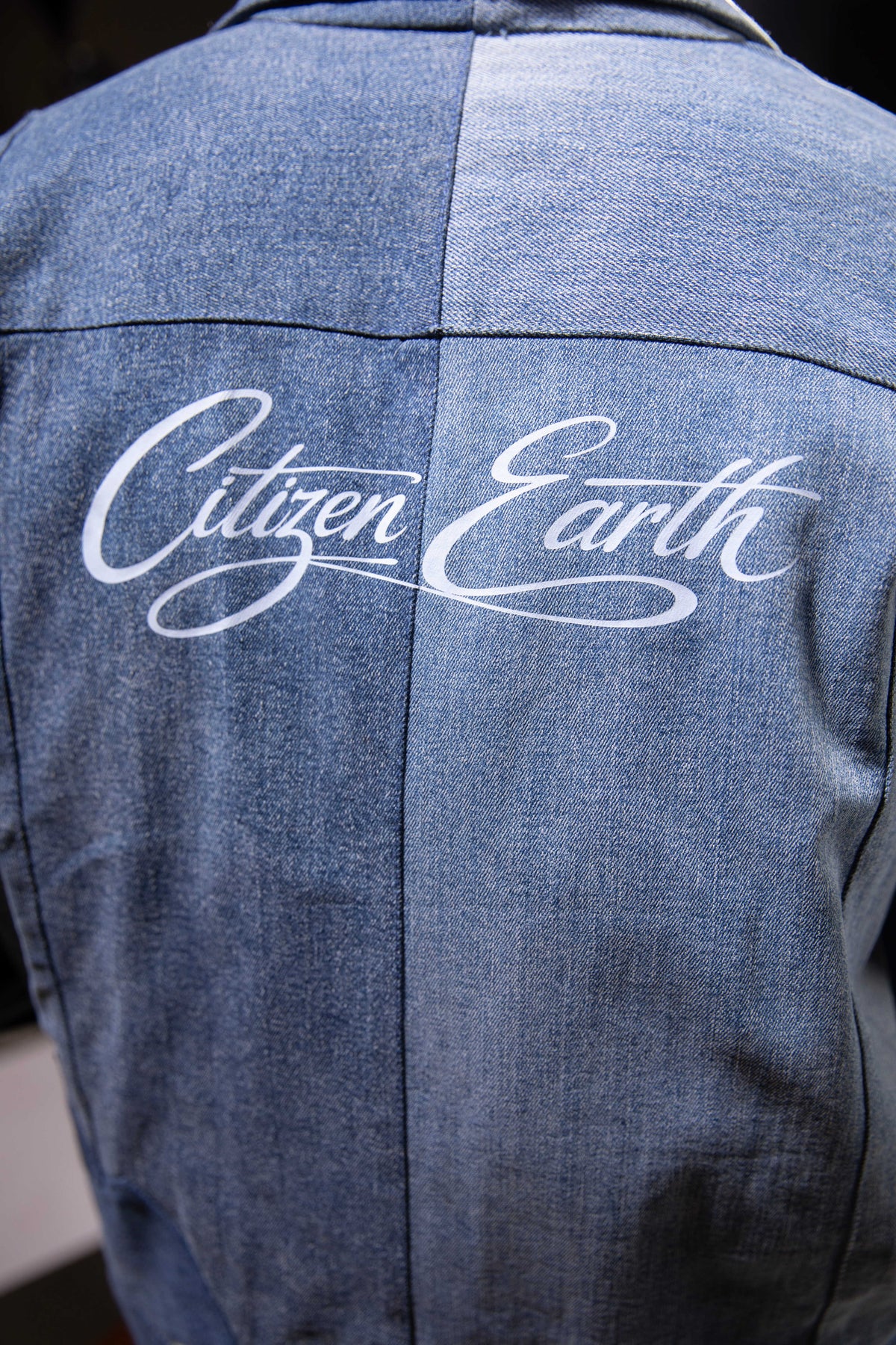 Polar Divide Denim Jacket showing contrasting repurposed denim washes