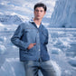 Close-up of Polar Divide Denim Jacket showing glacier patchwork and light dark denim split